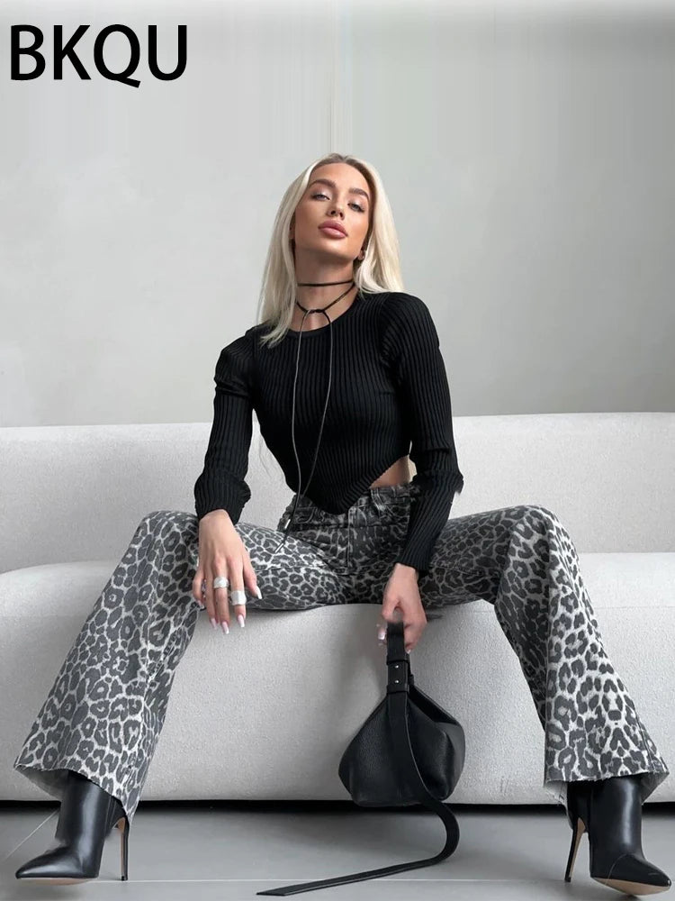 FZWomen's Leopard Print High Waist Wide Leg Denim Pants - FZwear