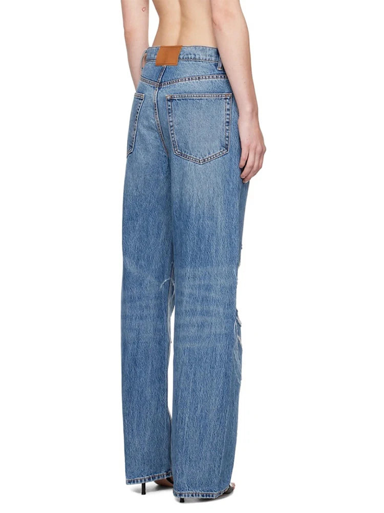 FZ Women's Patchwork Zipper Designer High Waist Loose Wide Leg Denim Pants