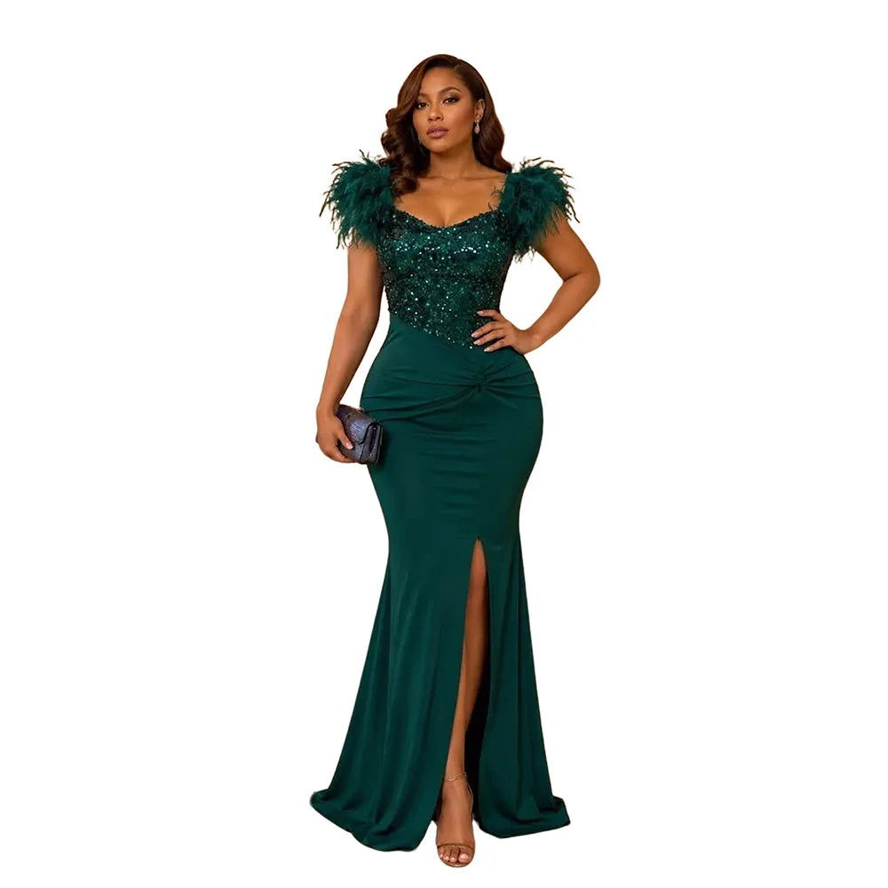 FZ Women's Sequin Feather Shoulders Mermaid Evening Dress