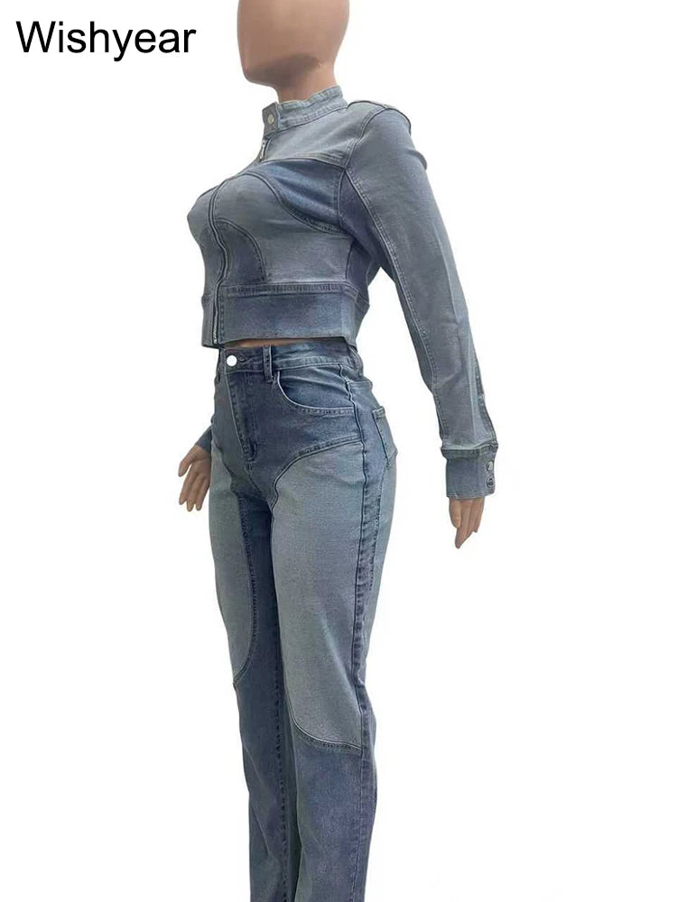 FZ Women's Vintage Patchwork Pencil 2 Piece Denim Pants Suit