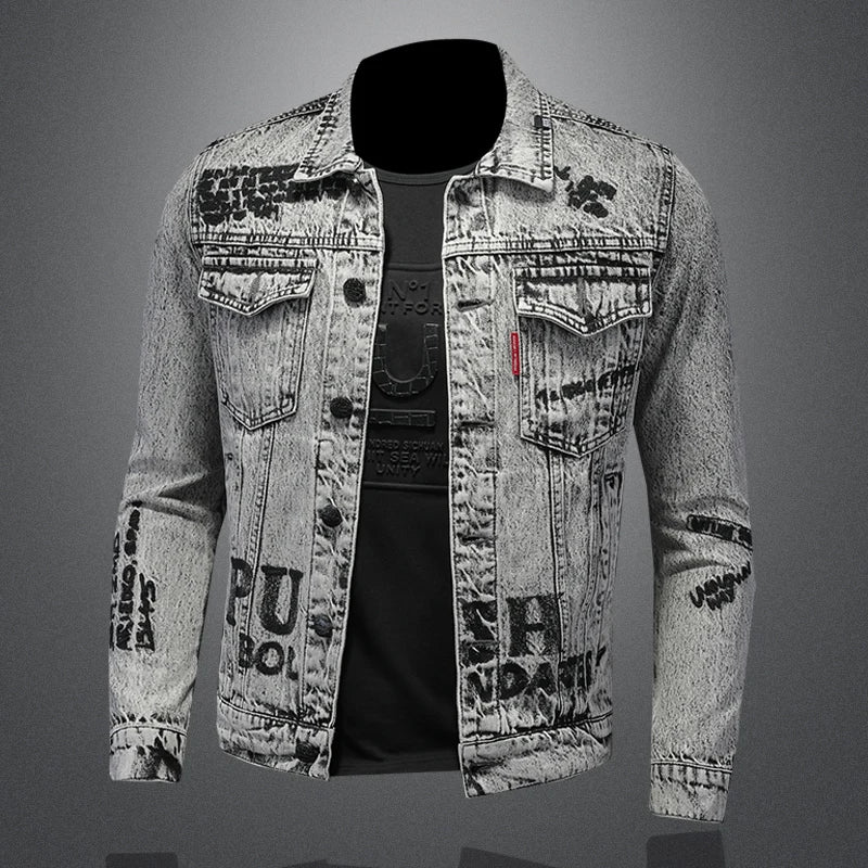 FZ Men's Snowflake Wash Letters Denim Jacket