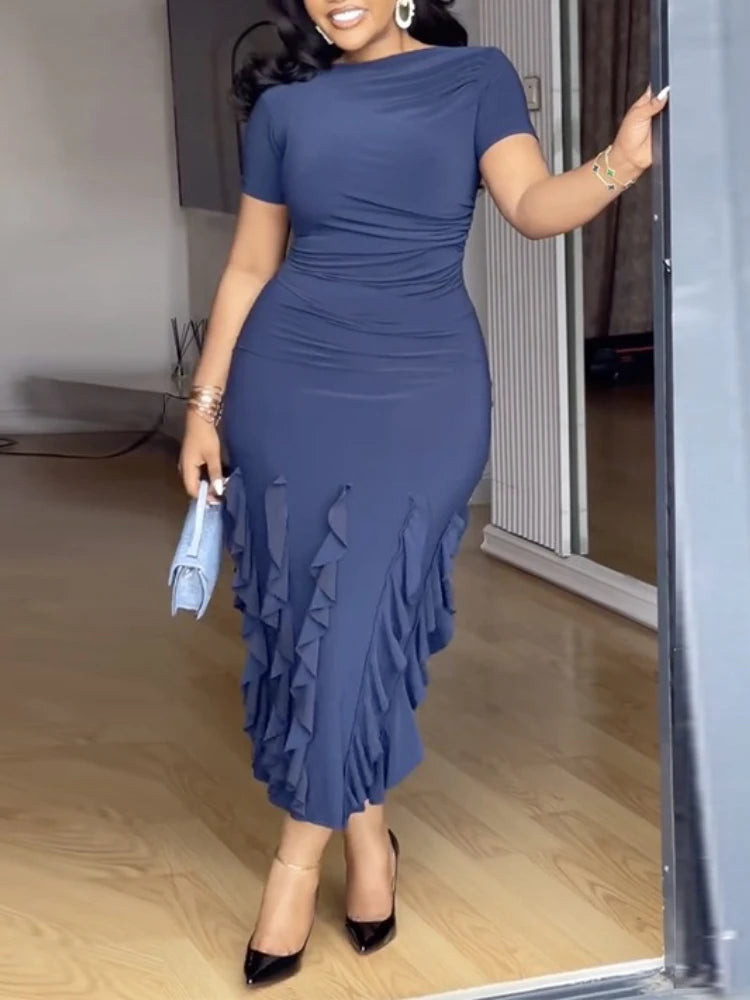 FZ Women's Folds and Layered Ruffle Hem Midi Evening Dress