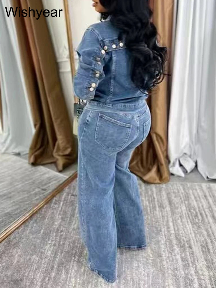 FZ Women's Vintage Single Breasted Button 2 Pieces Denim Pants Suit