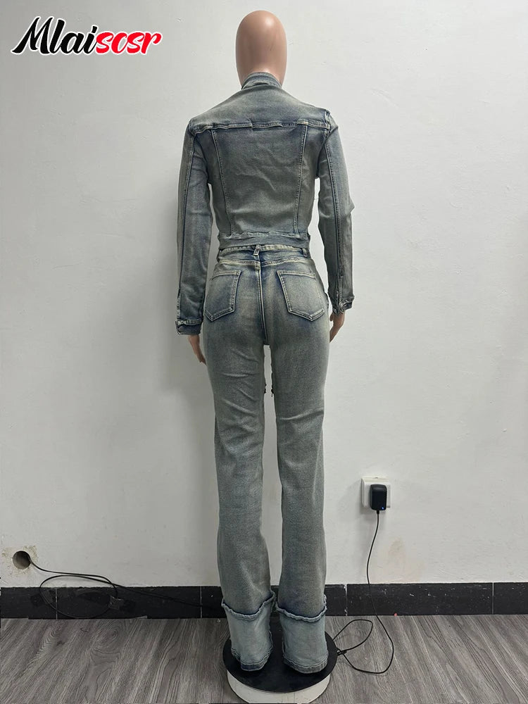 FZ Women's Stretch Straight Cargo High Street Two Pieces Denim Pants Suit