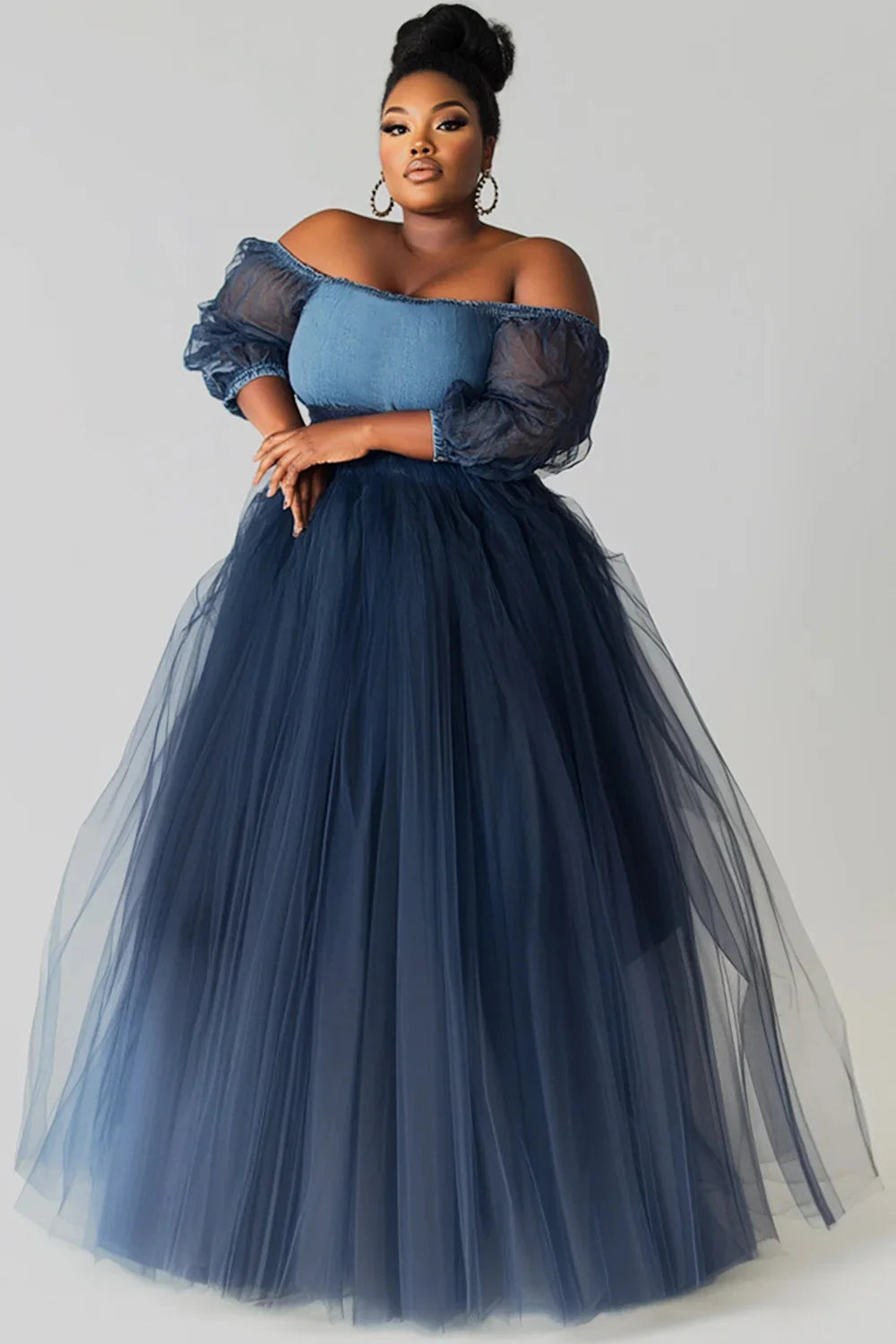 FZ Women's Plus Size Off The Shoulder See Through Contrast Maxi Denim Evening Dress