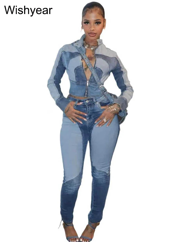 FZ Women's Vintage Patchwork Pencil 2 Piece Denim Pants Suit