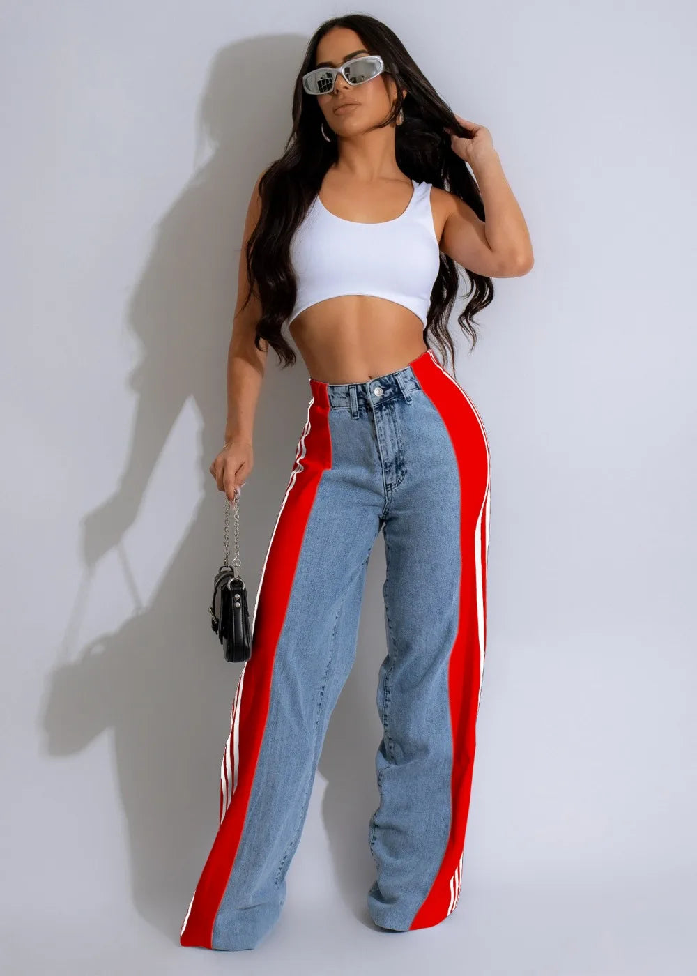 FZ Women's Fashion Stripe Splicing Wide Leg High Waisted Button Denim Pants - FZwear
