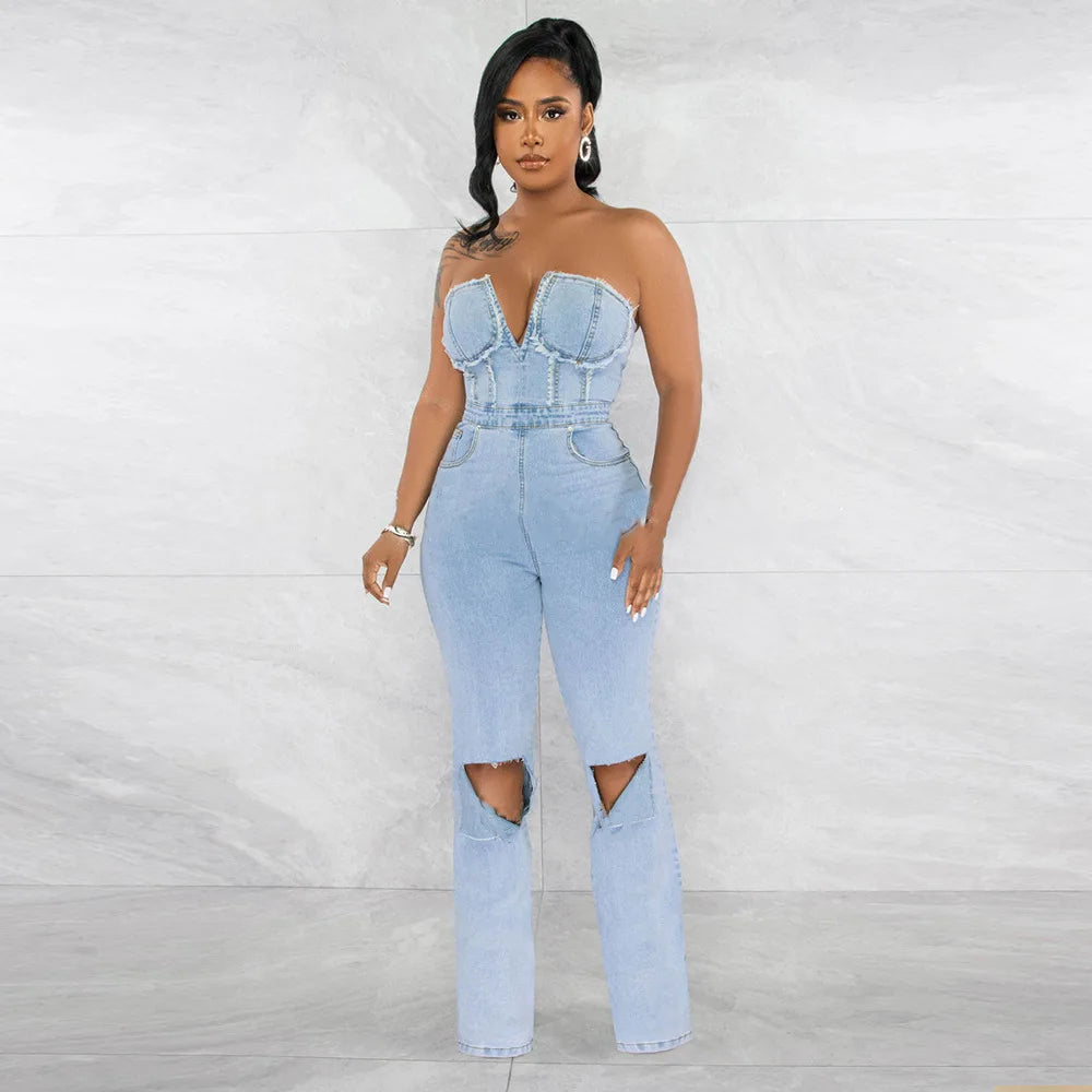 FZ Women's Sexy V Neck Denim Off Shoulder Wide Leg Jumpsuit - FZwear