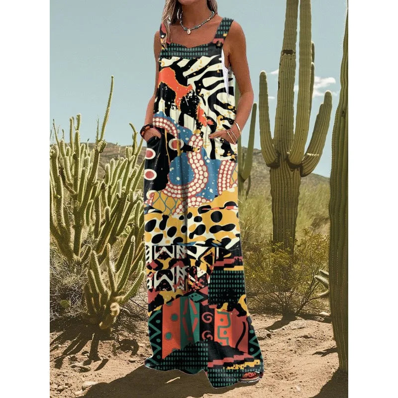 FZ Women's Vintage Flower Daisy Print Casual Strap Wide Leg Jumpsuit - 4 - FZwear