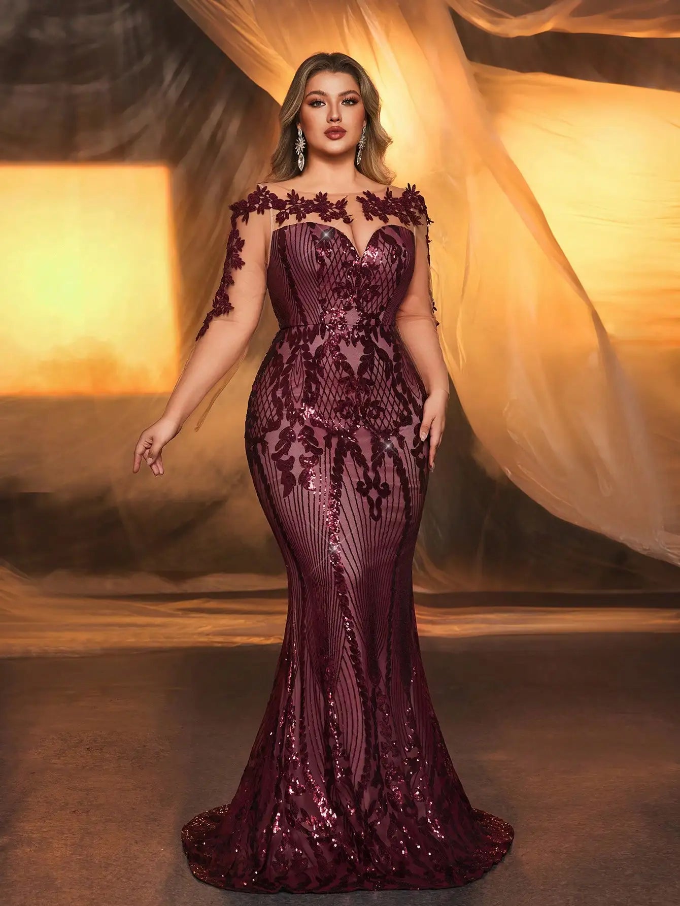 FZ Women's Plus Size Mermaid Sequin Embroidery Floor Length Evening Dress