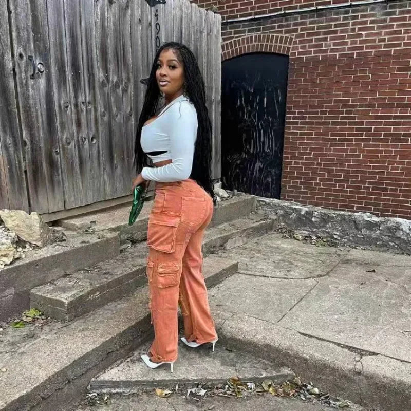 FZ Women's High Waist Loose Straight Denim Cargo Pants - FZwear