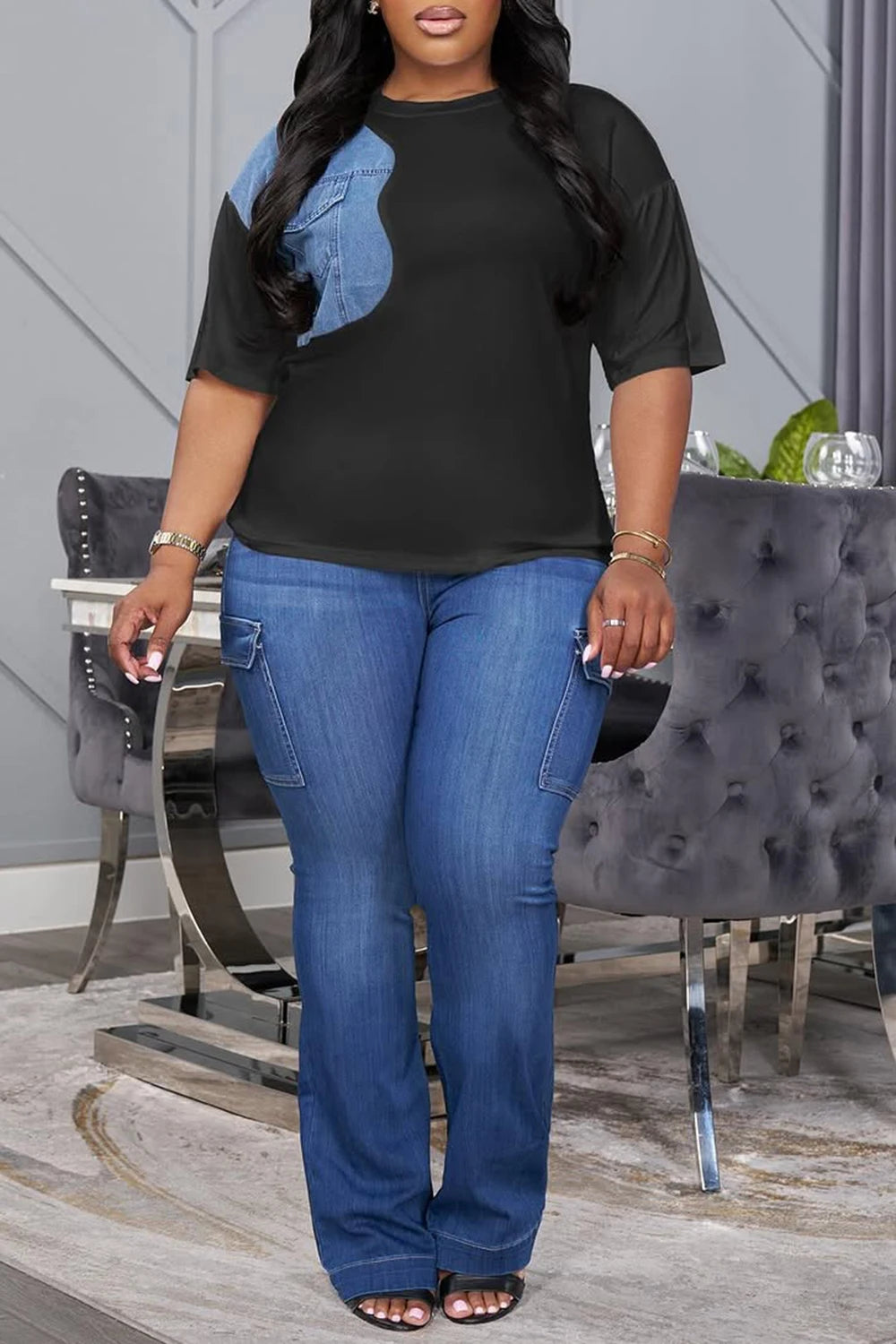 FZ Women's Plus Size Round Neck Short Sleeve Two Piece Denim Pant Suit