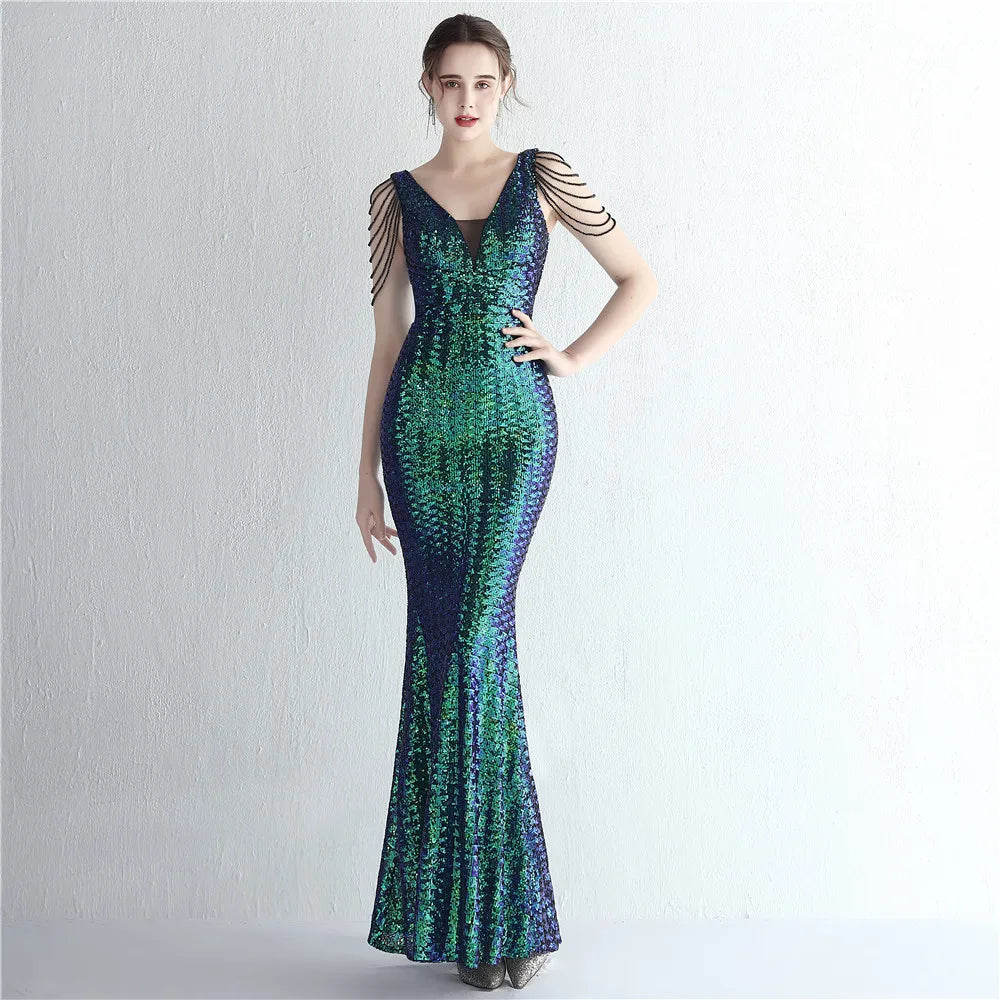 FZ Women's V Neck Sequin Maxi Beading Evening Dress