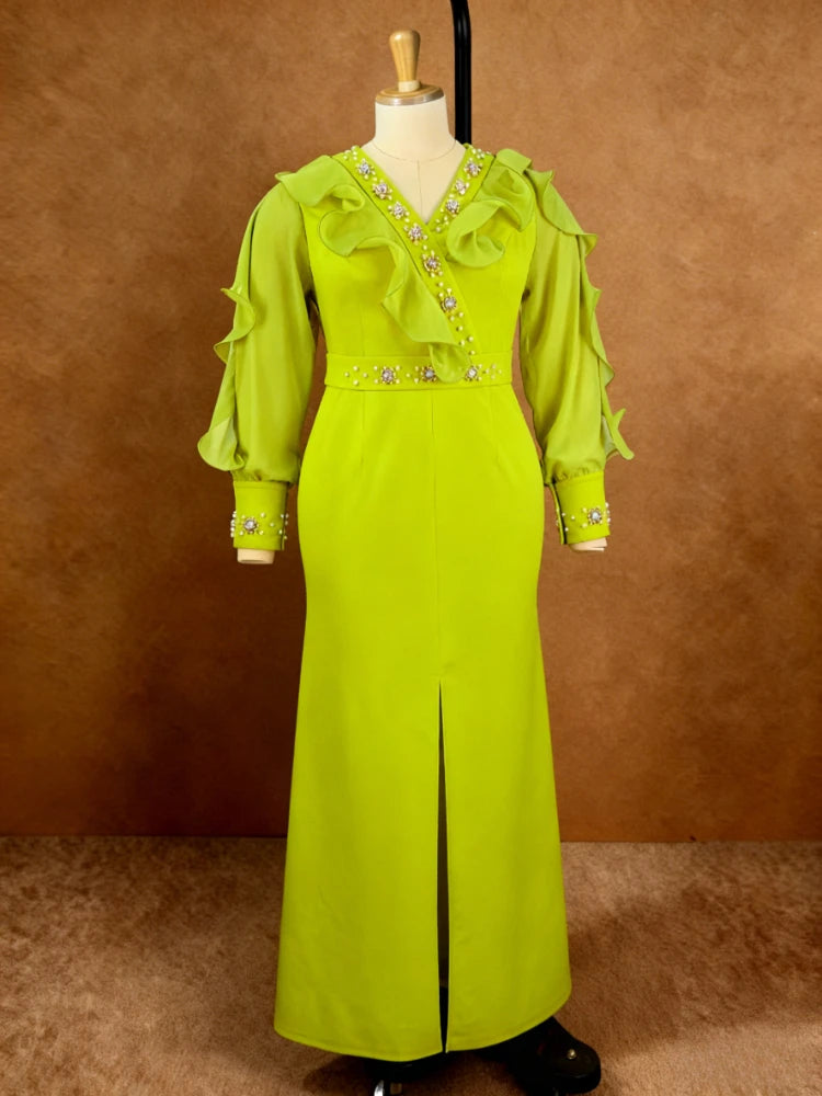 FZ Women's Plus Size V Neck Long Sleeve Slit Package Party Peplum Maxi Dress