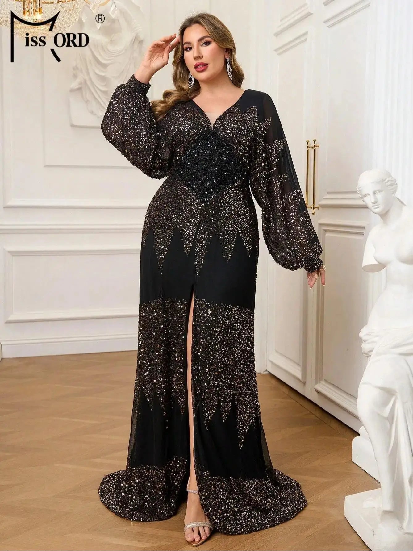 FZ Women's Plus Size V Neck Lantern Sleeve Sequin Evening Dress