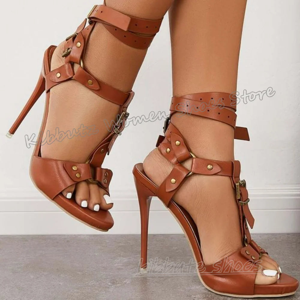 FZ Women's Rivets Belt Leather Solid Color Round Toe Thin Heels Shoes