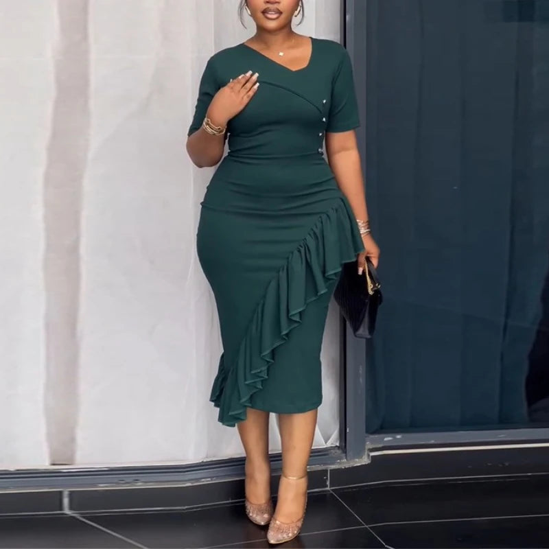 FZ Women's Asymmetrical Neck Short Sleeves Ruffles Cocktail Midi Dress