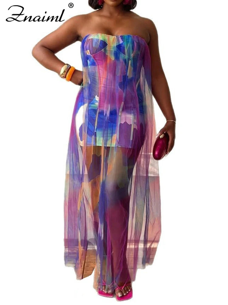 FZ Women's Tie Dye Print Off Shoulder Wrapped Chest Mesh See Through Dress