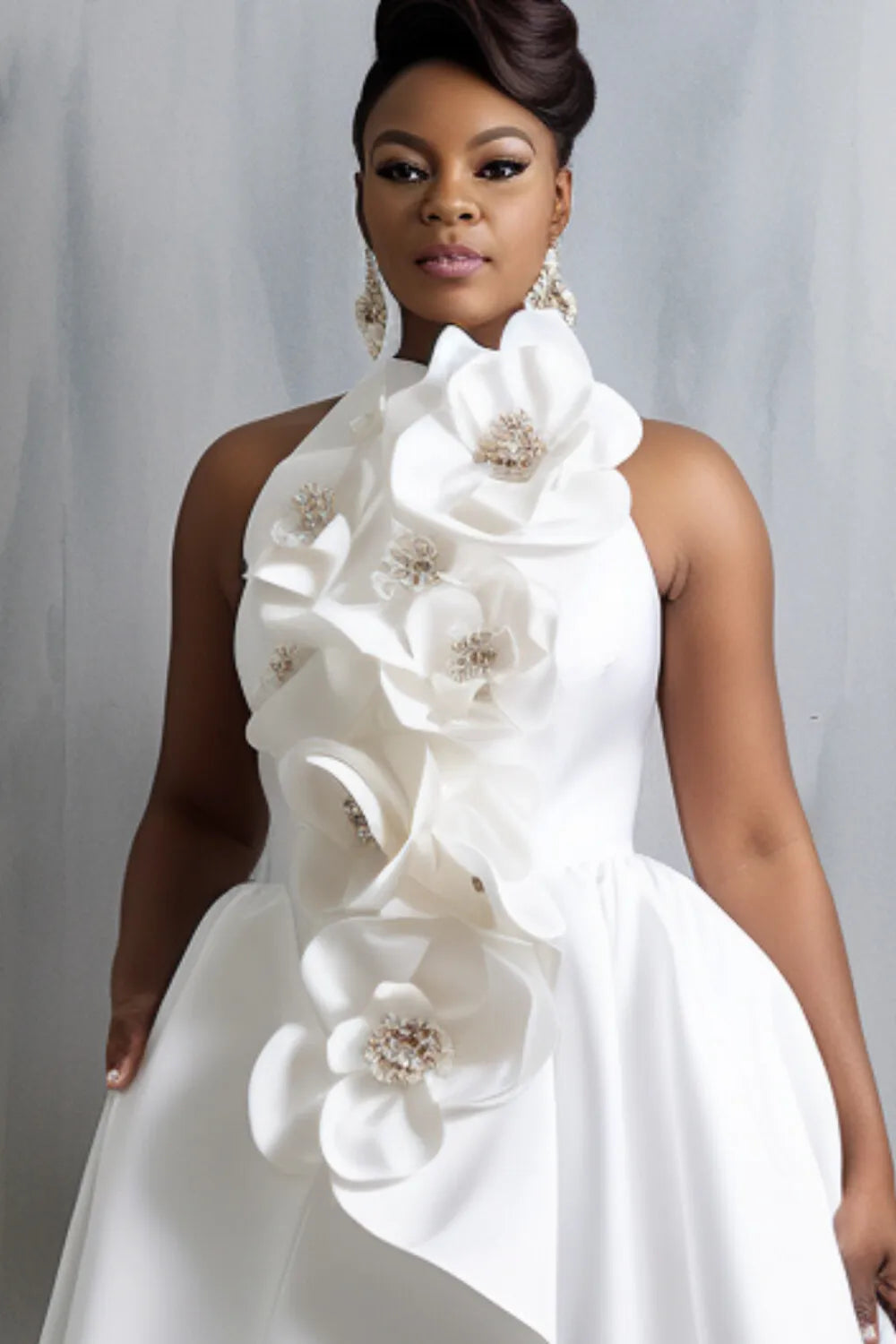 FZ Women's Plus Size White Halter Collar 3D Elegant High Low Hem Satin Maxi Dress