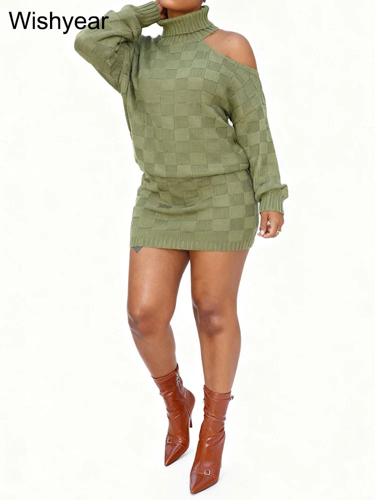 FZ Women's Long Sleeve Turtleneck Grid Knitted 2 Piece Mini Skirt Suit