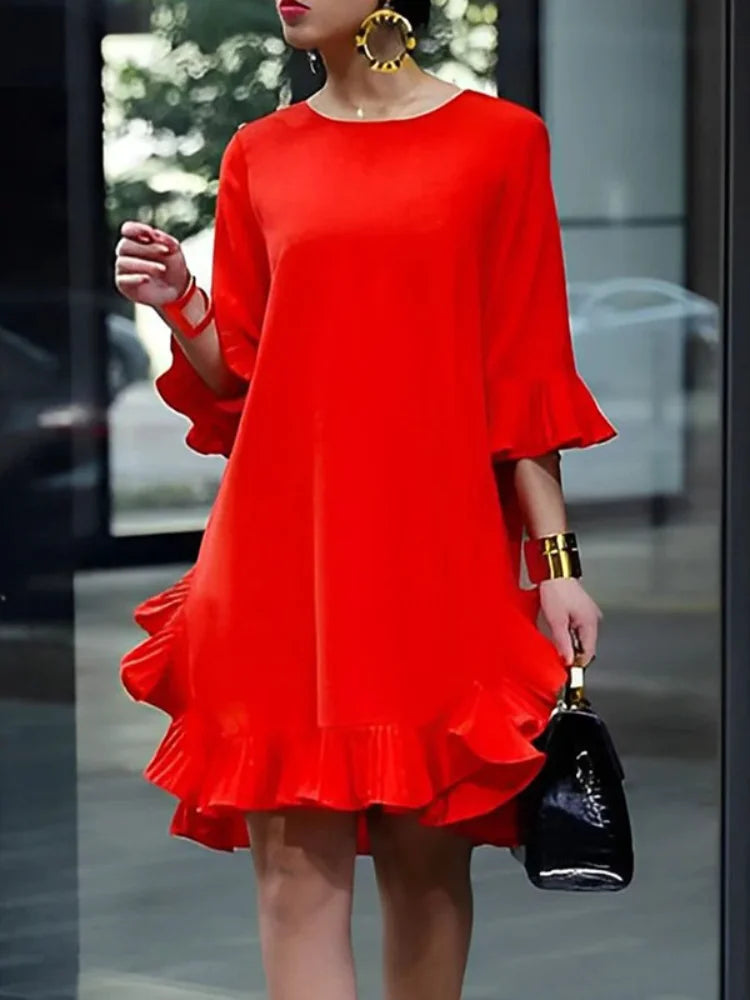 FZ Women's Solid Color Ruffled Round Neck Flared Sleeve Loose Fit Dress