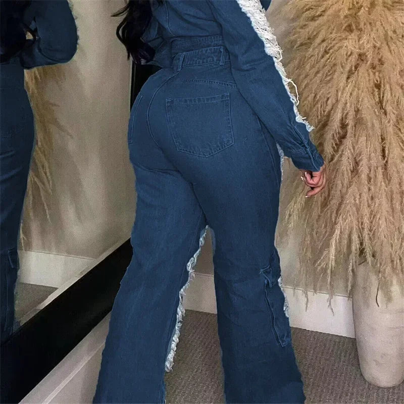 FZ Women's Hollow Out Broken Holes Patchwork High Waist Denim Pants