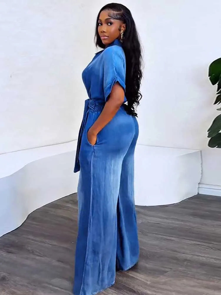 FZ Women's Soft Fabric One Piece High Waist Wide Denim Jumpsuit