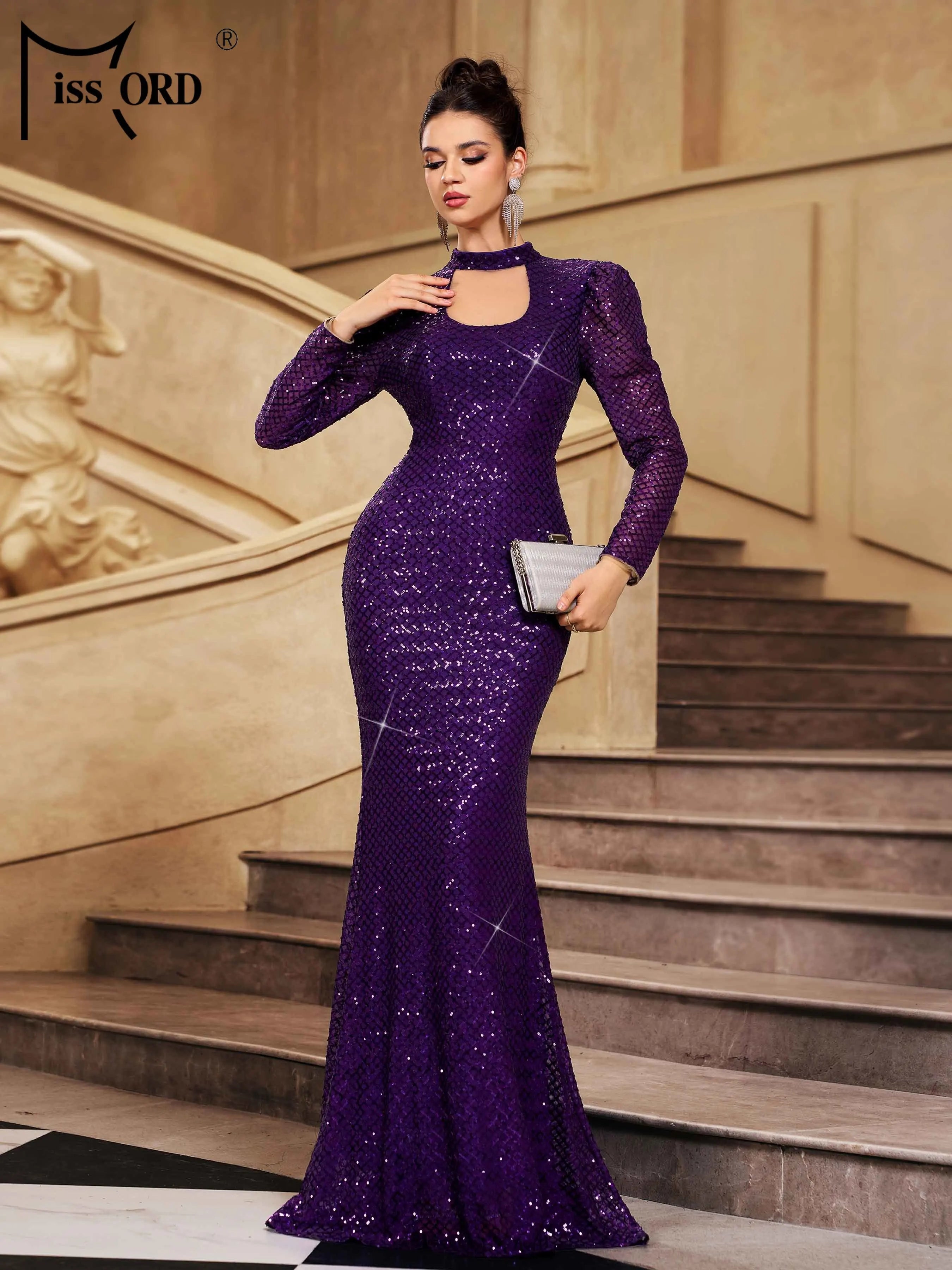 FZ Women's New Round Neck Long Sleeved Sequin Mermaid Evening Dress