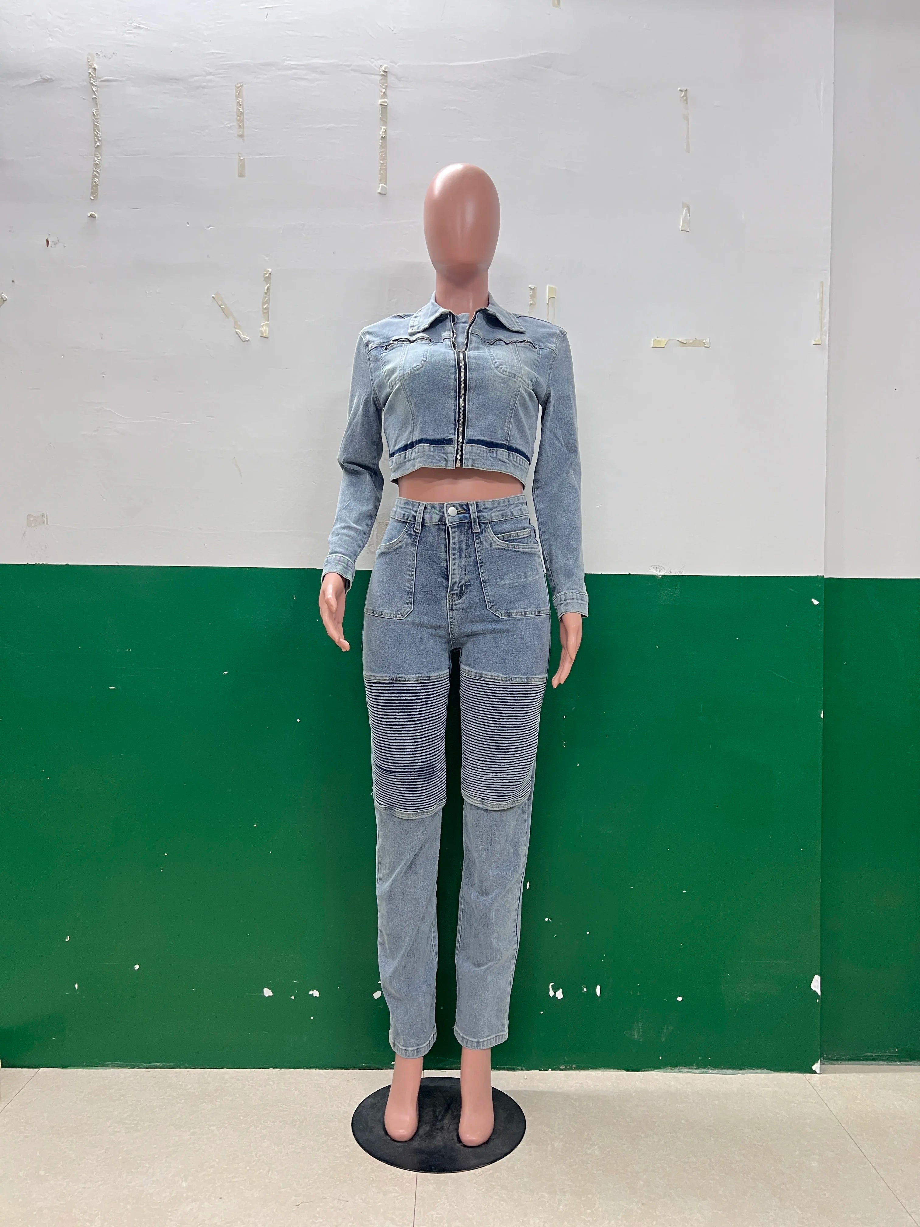 FZ Women's Y2K Streetwear Pencil Two Piece Denim Pants Suit
