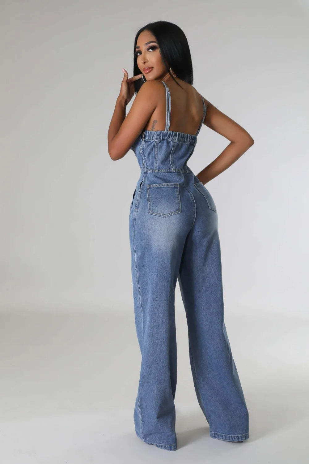 FZ Women's Spaghetti Strap Cotton High Waist Stretch Denim Wide Leg Jumpsuit - FZwear