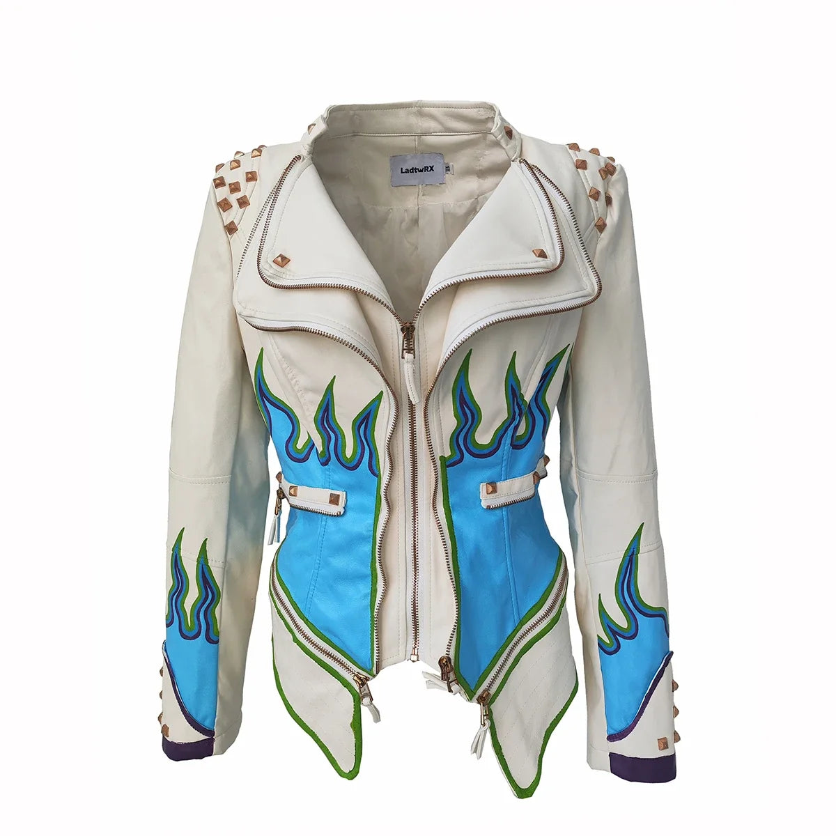 FZ Women's Flame Painting Faux Leather Studded Moto Streetwear PU Jacket
