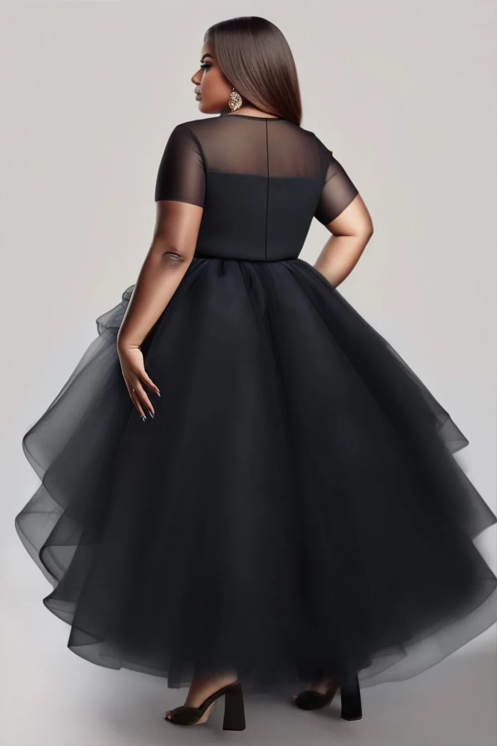 FZ Women's Plus Size Mesh Round Neck Short Sleeve High Low Hem Maxi Dress