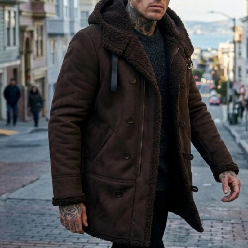 FZ Men's Lapel Hooded Thick Fleece Lined Mid Length Jacket