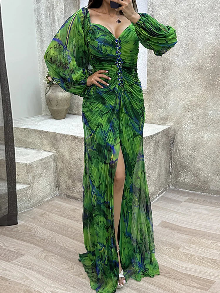 FZ Women's V Neck Full Sleeve Patchwork Folds Slim Maxi Dress