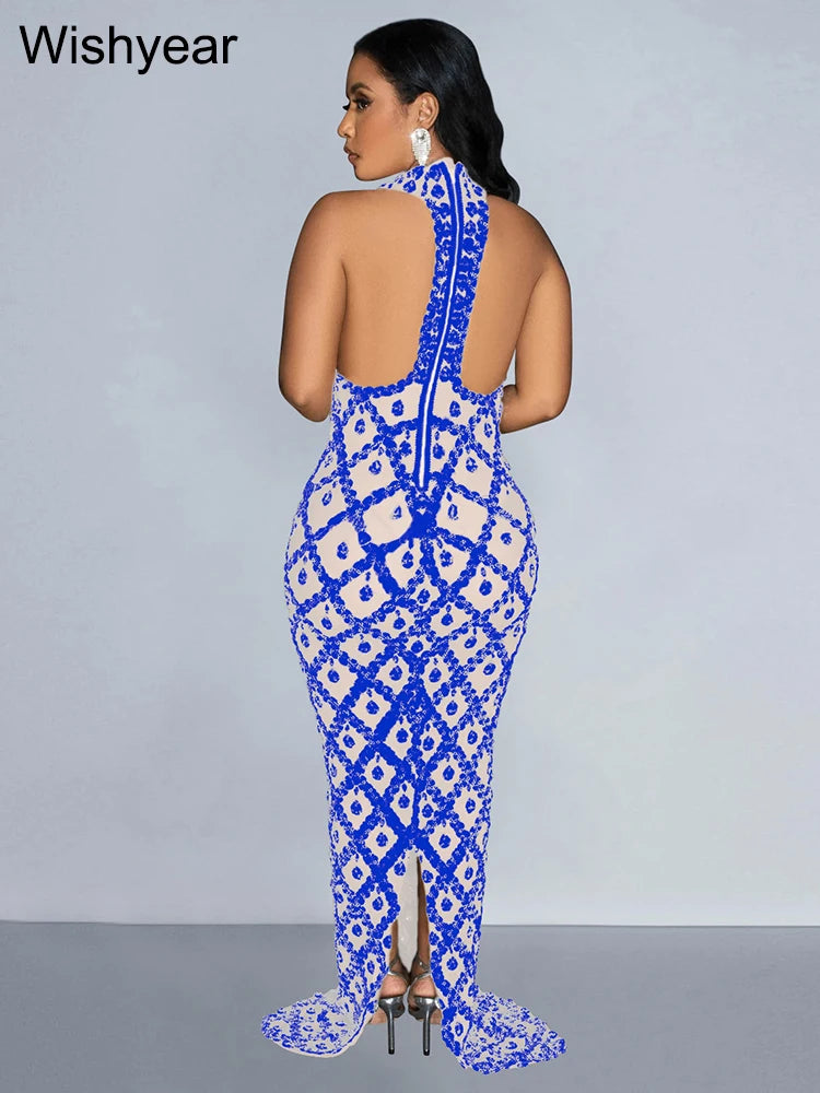 FZ Women's Pink Sequins Sleeveless Backless Halter Sexy Evening Dress - FZwear