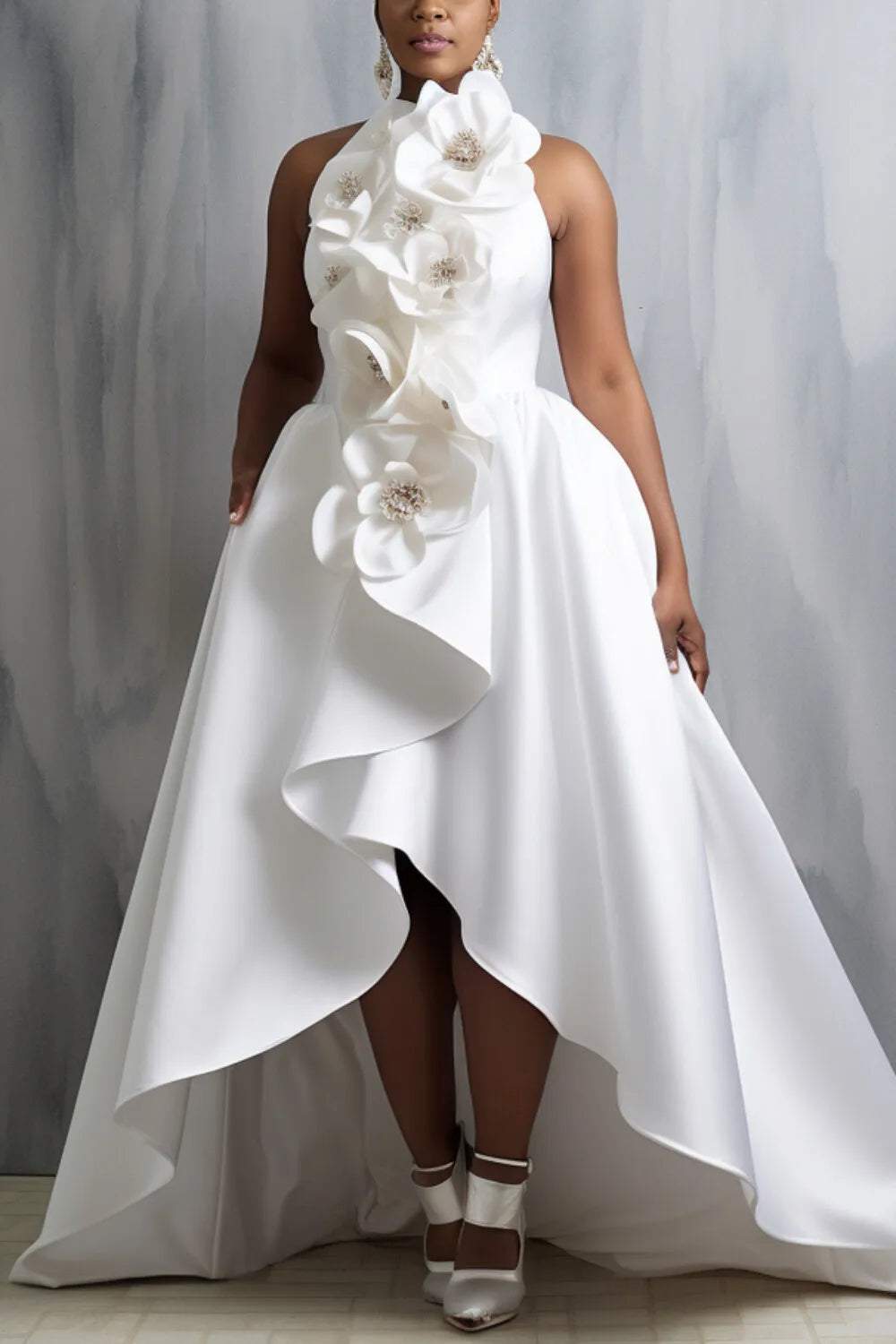 FZ Women's Plus Size White Halter Collar 3D Elegant High Low Hem Satin Maxi Dress