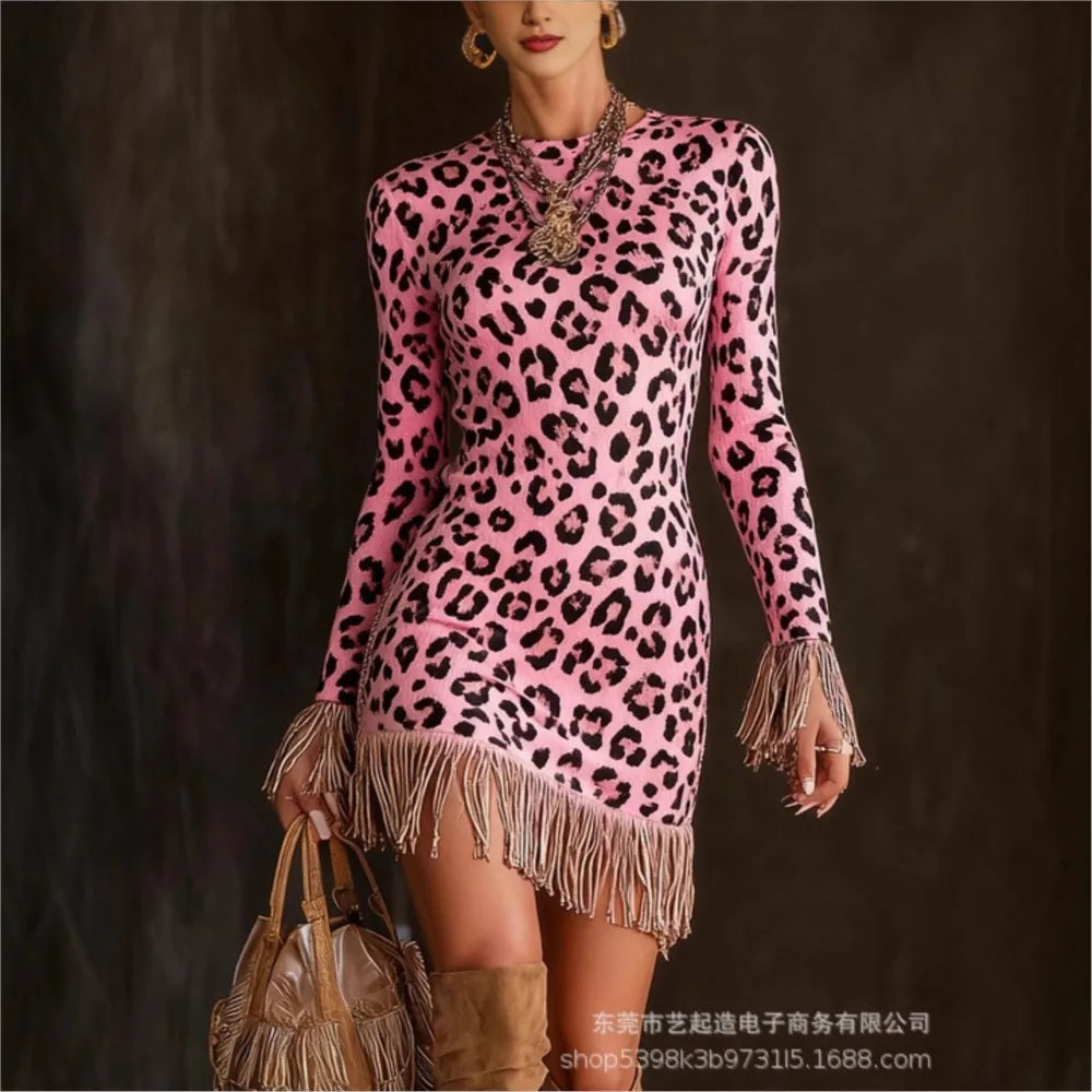 FZ Women's Retro Print Tassel Slim Fit O Neck Mini Knitted Sweater Dress