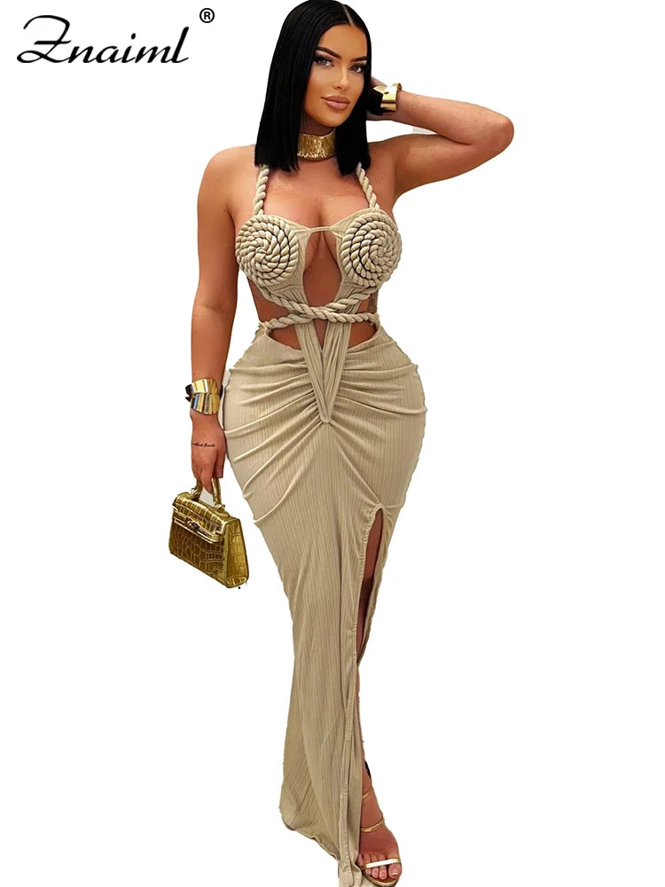 FZ Women's Halter Hollow Backless Slit Maxi Dress