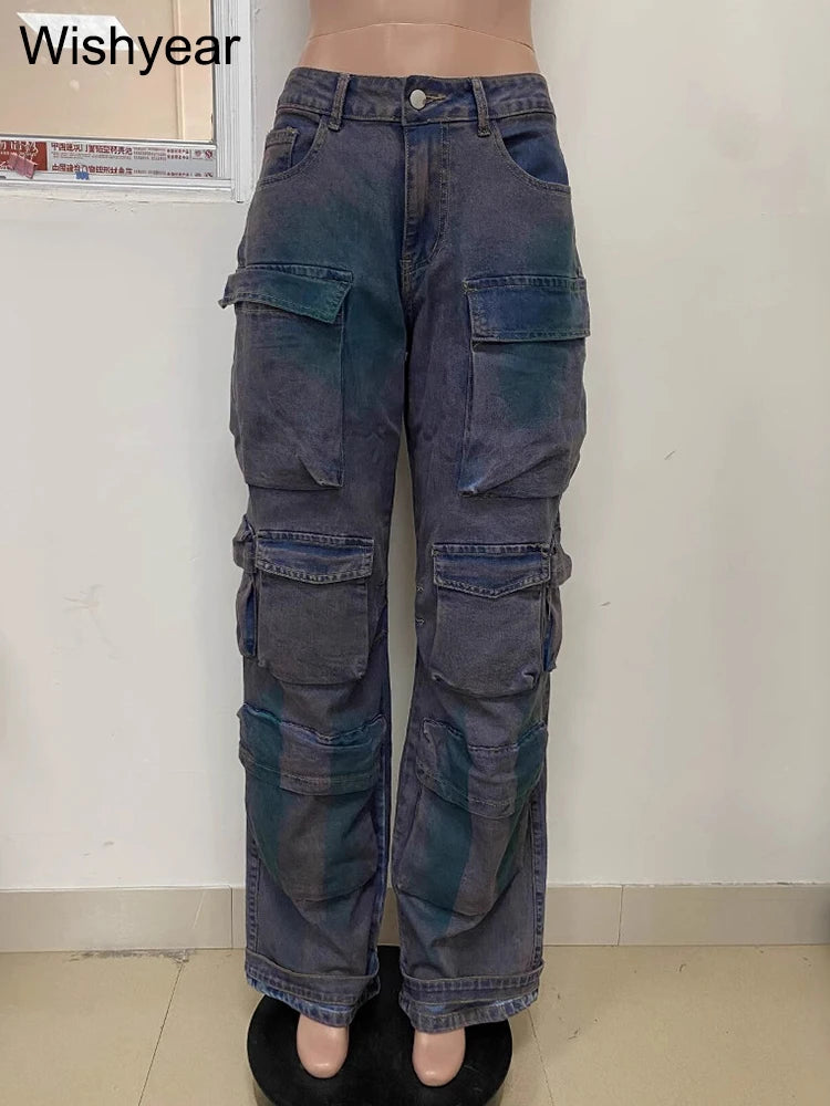 FZ Women's Vintage Wide Leg Inkjet Cargo Streetwear Straight High Waist Denim Pants