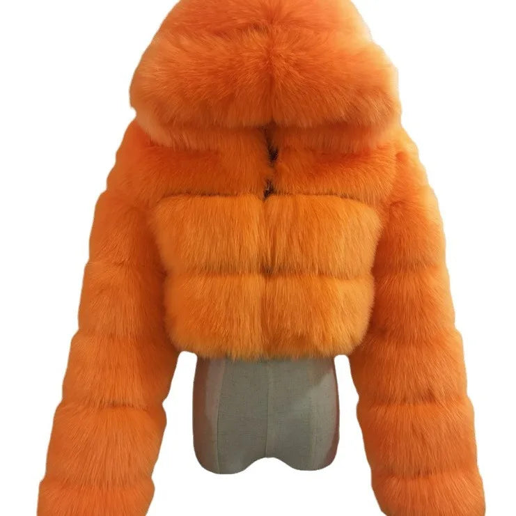 FZ Women's Faux Fur Thick Warm Hooded Open Stitch Short Coat Jacket