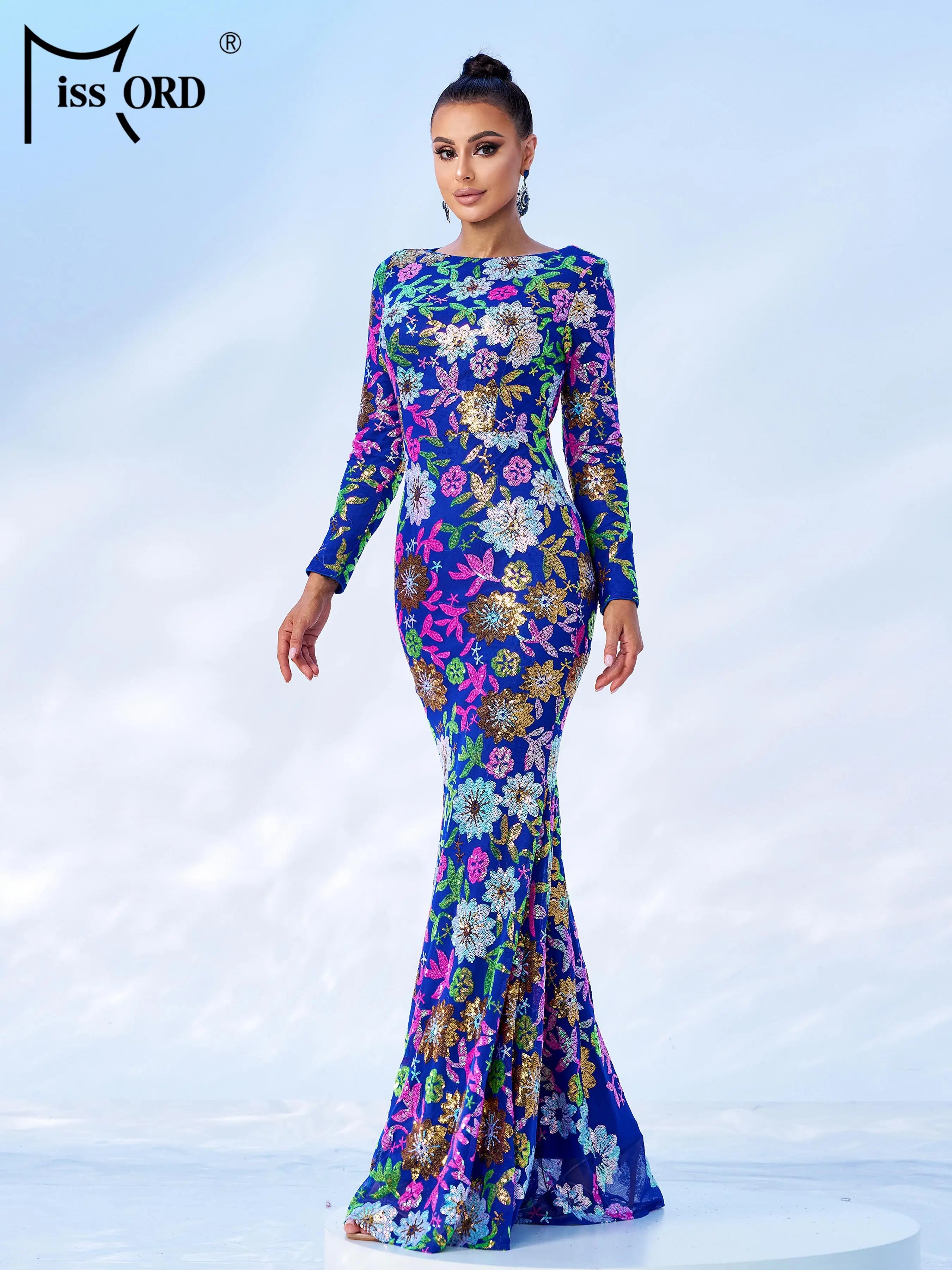 FZ Women's Round Neck Long Sleeved Sequin Mermaid Evening Dress