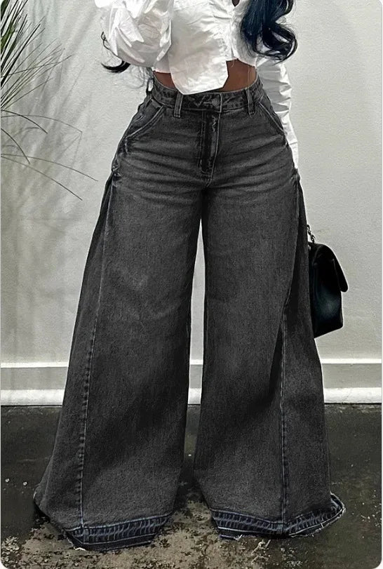FZ Women's Spliced Casual Trendy Loose Wide Leg Flare Denim Pants