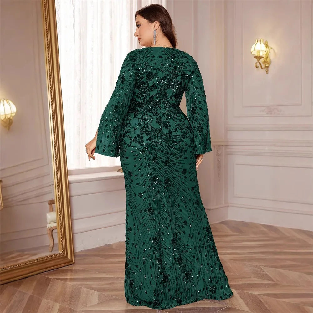 FZ Women's Plus Size Embroidery Long Sleeve Mermaid Sequins Evening Dress