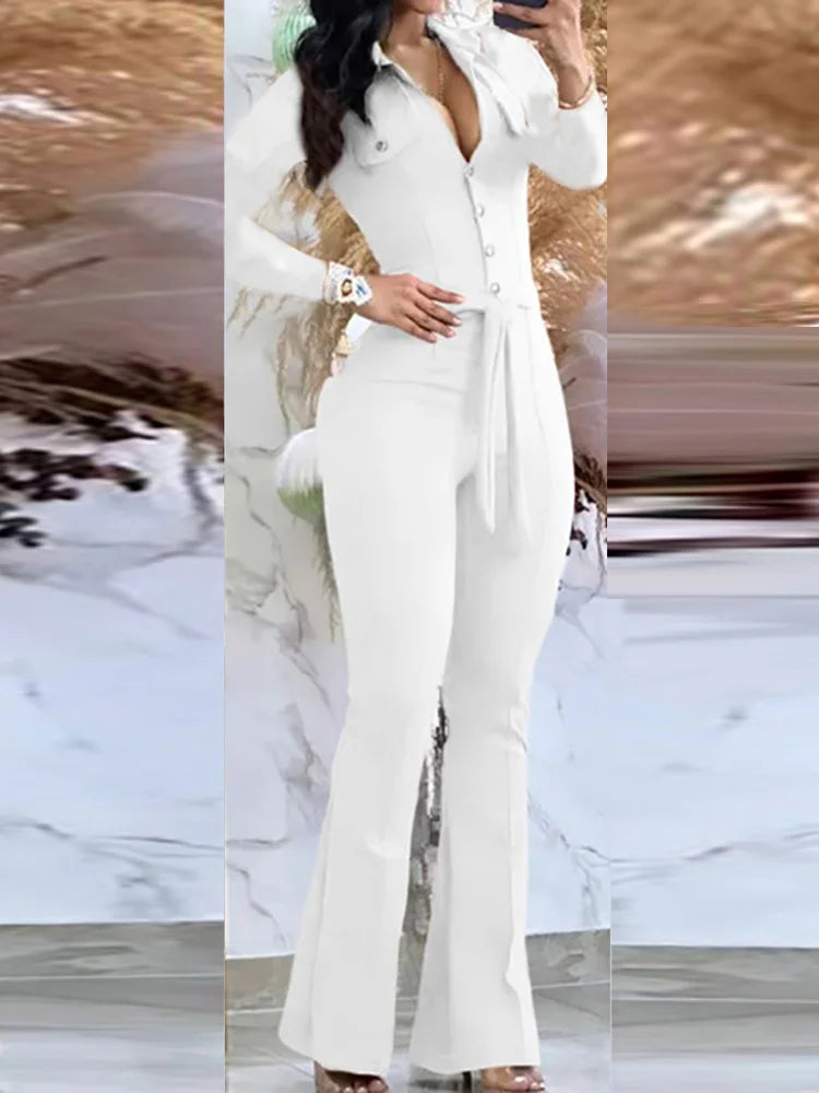 FZ Women's V-Neck Long Sleeve Solid Flare Bottom Jumpsuit - FZwear