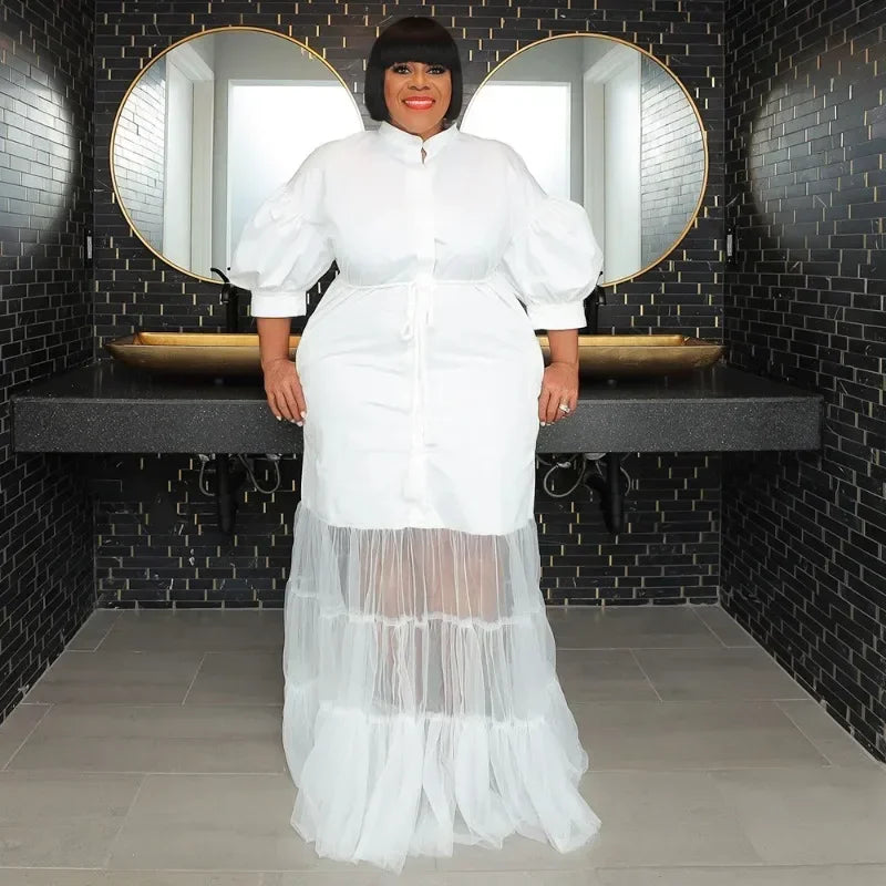 FZ Women's Plus Size Mesh Ruffles Patchwork Straight Maxi Vintage Dress