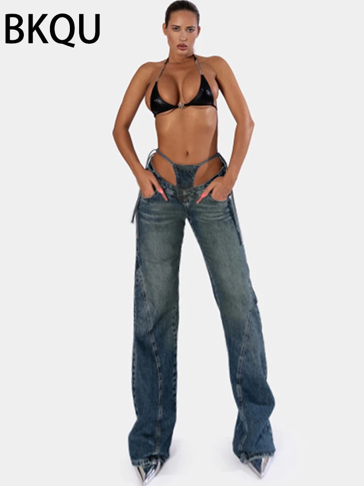 FZ Women's Sexy Lace-up Patchwork Straight Denim Long Pants - FZwear