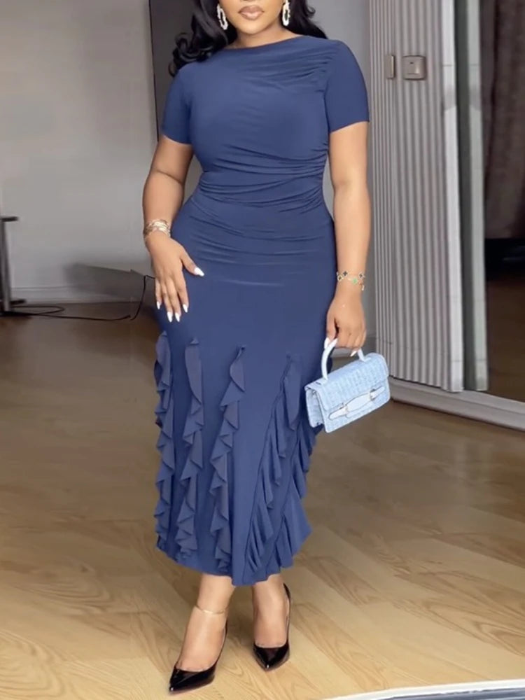 FZ Women's Folds and Layered Ruffle Hem Midi Evening Dress