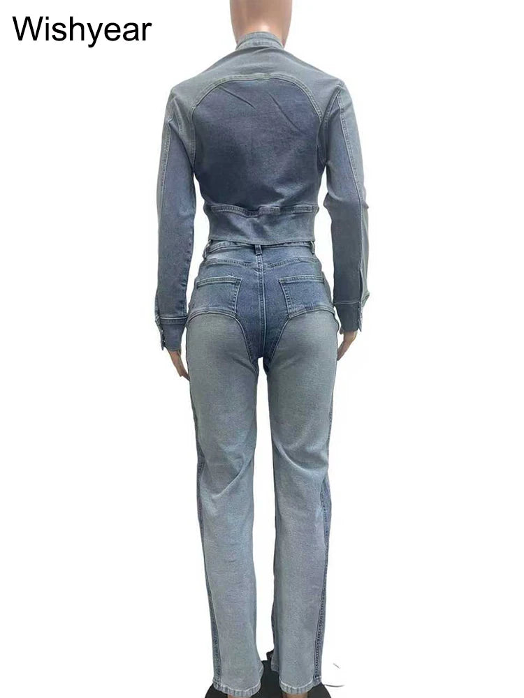 FZ Women's Vintage Patchwork Pencil 2 Piece Denim Pants Suit