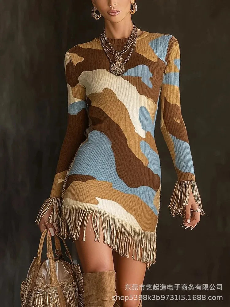 FZ Women's Retro Print Tassel Slim Fit O Neck Mini Knitted Sweater Dress