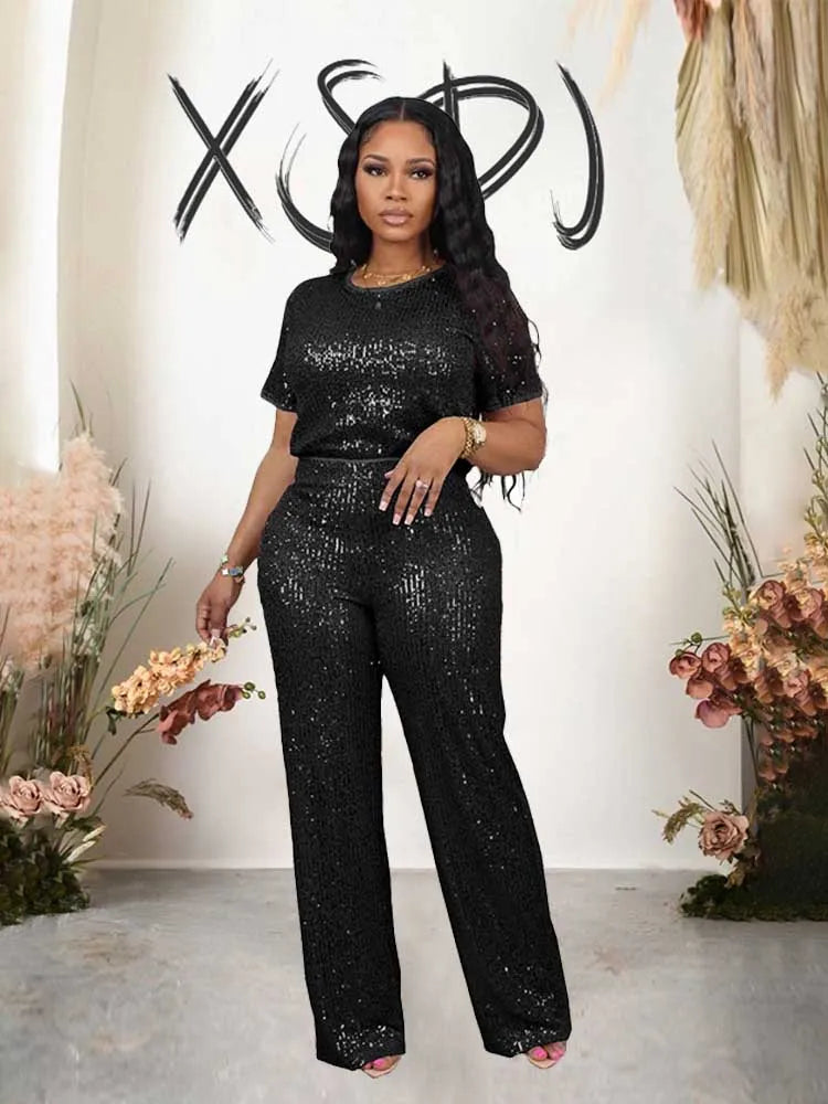 FZ Women's Plus Size Sparkling Two Piece Sequin Pants Suit